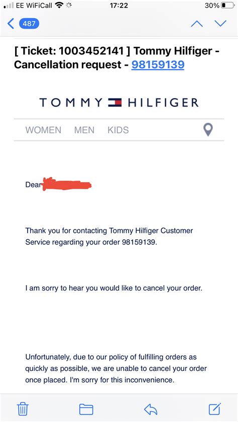 tommy hilfiger cancel order.